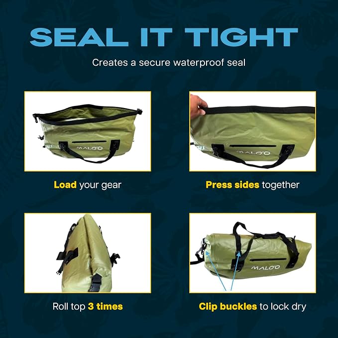 Malo’o Waterproof Dry Duffel, Heavy-Duty Roll Top Waterproof Gear Bag with Shoulder Strap & Molle Loops, Marine Duffel for Kayaking, Boating, Camping, Beach & Travel, Dark Green, 60L