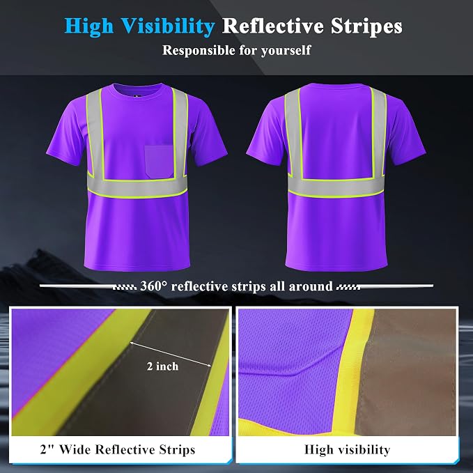 W&H Hi Vis Safety Short Sleeve Shirts Class 2 Reflective Birdeyes Fast Dry Breathable with Black Base for Work