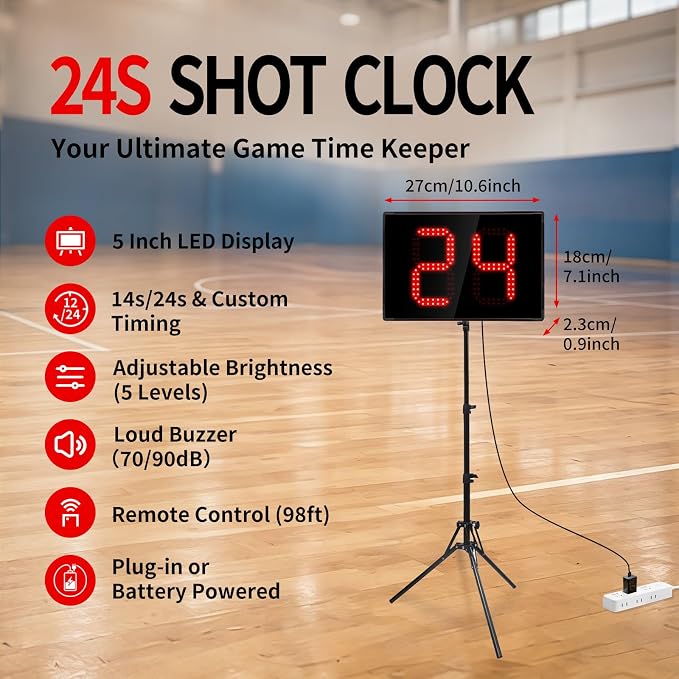 Basketball Shot Clock with Tripod & Remote Control - 98ft Range | LED Countdown Timer, 5-Level Brightness, Adjustable Buzzer, Battery or Plug-in, 12/24/25/30/35/40 Seconds for Coach & Referee