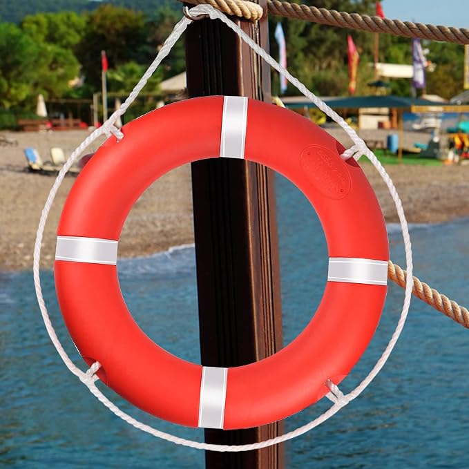 Life Ring, 23"/28" Boat Safety Throw Rings, Life Preserver Ring with Bracket and 98.5 FT Floating Rescue Rope, Outdoor Professional Throwable Flotation Device