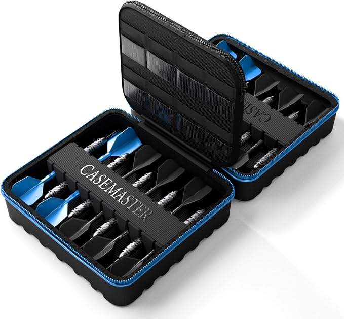 Casemaster Maxx 6 Dart Case, Holds 18 Steel Tip or Soft Tip Darts Fully Assembled, Hard Shell EVA Darts Case, 16 Accessory Pockets, Blue