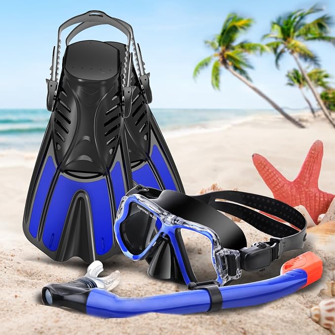 Snorkeling Gear for Kids, 4 in 1 Child Mask Fins Snorkel Set with Panoramic View Anti Fog Mask, Dry Top Snorkel, Trek Fins and Travel Bag, Kids Snorkeling Set with Fins for Snorkeling Swimming
