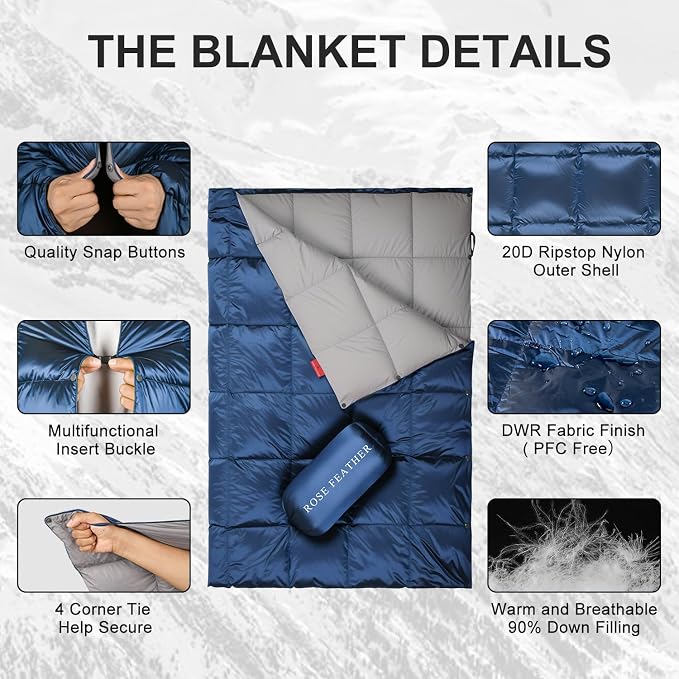 Down Camping Blanket - Lightweight, Packable, Warm & Puffy Outdoor Travel Quilt for Sleep, Hiking, Backpacking, Stadium, Festivals, Water-Resistant Sleeping Bag 55"x79"