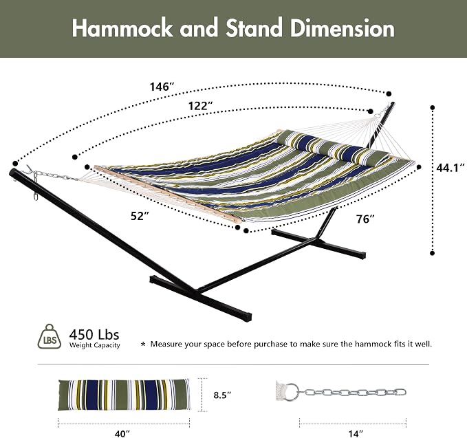 ANOW Double Rope Hammock with Stand 12FT, Heavy Duty Hammock with Polyester Pillow and Pad, 450 LBS Weight Capacity, Blue & Green Stripes