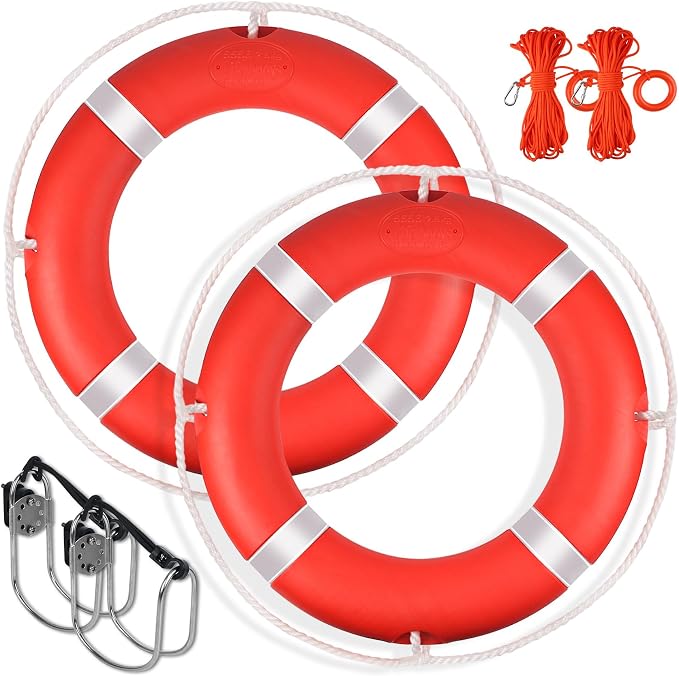Life Ring, 23"/28" Boat Safety Throw Rings, Life Preserver Ring with Bracket and 98.5 FT Floating Rescue Rope, Outdoor Professional Throwable Flotation Device