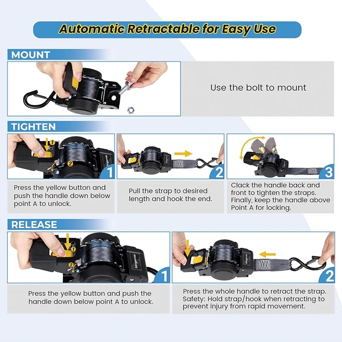 Boat Ratchet Straps Trailer Tie Down 1.5INx5FT Bolt on Retractable Ratchet Strap Transom Straps for Jetski Snowmobile ATV