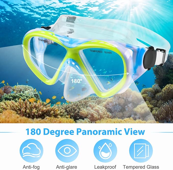 2 Sets Snorkeling Gear for Kids, Kids Snorkel Set for Ages 6-14, Dry Top Snorkel Mask Set for Youth Boys Girls Junior, Tempered Glass Diving Swimming Mask Goggles