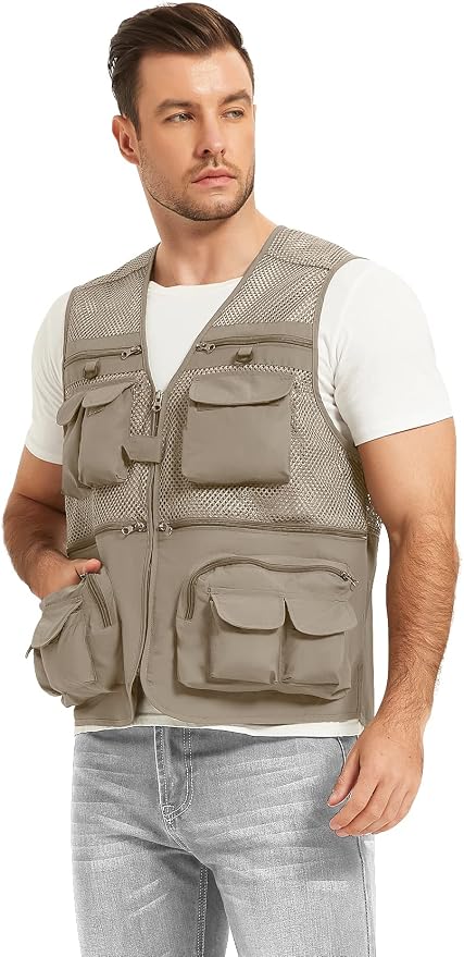 Flygo Men's Fishing Vest Utility Lightweight Outdoor Travel Safari Photo Cargo Vest with 16 Pockets