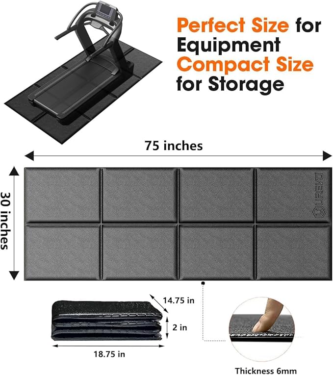 Treadmill Walking Pad Mat,63"x25.6",75"x30",1/4" Thick Exercise Bike Mats for Carpet/Hardwood Floors,Mat for Under Treadmill/Rowing on Carpet,Foldable Exercise Equipment Mat,Noise Shock Absorption