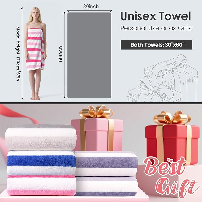 JML Microfiber Bath Towels Set of 4, Large Bathroom Towel for Adult, 30" x 60", Soft, Super Absorbent & Fast Drying, Use for Shower, Sauna, Sport, Fitness, Yoga, Cabana Stripe Pink