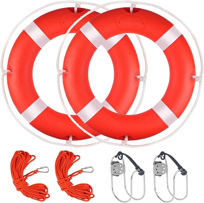 Life Ring 23"/28" Boat Safety Throw Buoy with Reflective Tape & Grab Lines - Orange Life Rings for Boats,Includes Water Floating Saving Rope