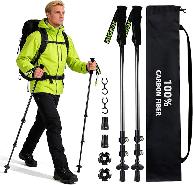 aiGear Carbon Fiber Trekking Poles, Ultra Strong Lightweight Collapsible Hiking Poles with Cork Grips Quick Flip Locks & All-Terrain Accessories for Men & Women Backpacking Camping