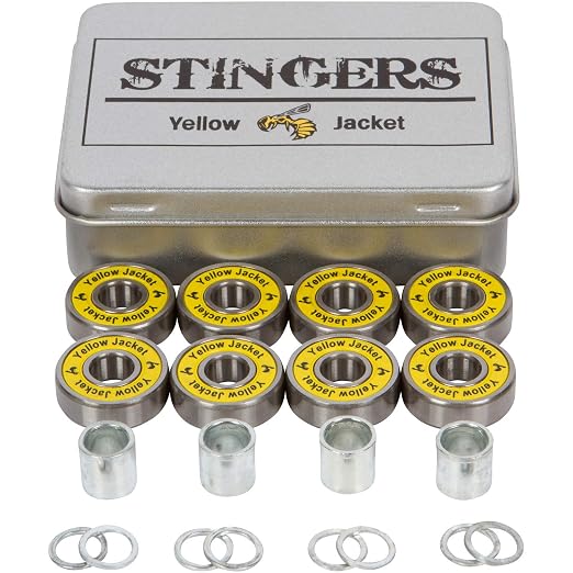 Yellow Jacket Premium Skateboard Bearings, Pro Longboard Bearings, 608, ABEC 11, Washers and Spacers, Yellow Jacket (Pack of 8)