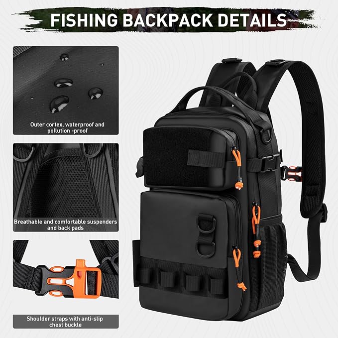 THKFISH Fishing Backpack with Rod Holder, Fishing Tool Kit, Water-Resistant Bag With Fishing Lures Kit, Fishing Tackle Box and Pliers Set for Men Women (Black-87pcs)