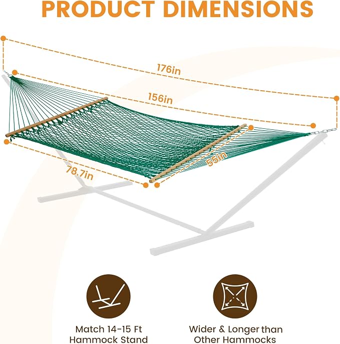 Lazy Daze Hammocks 13-FT Polyester Rope Hammock, Double 2 Person Traditional Hand Woven Outdoor Hammock with Spreader Bar, Carabiners, Tree Straps, Chains for Outside Patio- Max 450 Lbs, Green