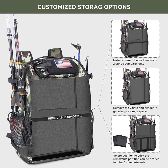 Bagenerous 39L Fishing Tackle Backpack with Rod Holders & Cooler,Water-resistant Fishing Gear Storage Bag with Protective Rain Cover,Camouflage