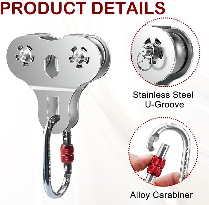 Zipline Pulley, 304 Stainless Steel Tandem Speed Double Pulley for 1/4 5/16 3/8 Cable Backyard Zipline, Hauling, Rigging and Commercial Purposes