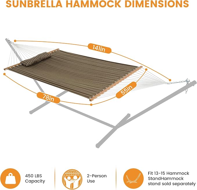 Lazy Daze Hammocks 12 FT Sunbrella Fabric Hammock Non-Fading with Spreader Bars and Free Pillow Fits for 2 Persons, All Weather and Fade Resistant for Patio Yard, 450 lbs Capacity, Harwood Cocoa