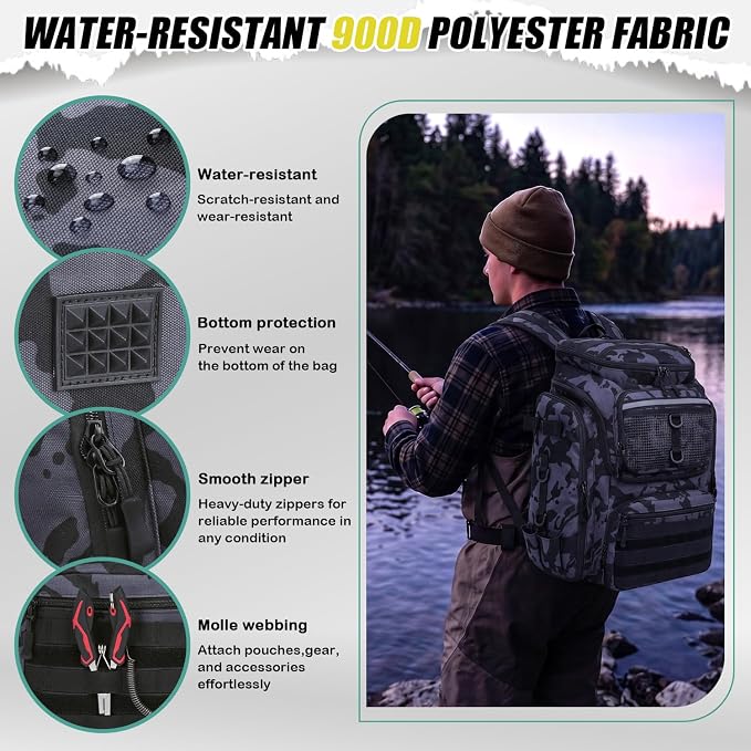 HAMBOLY Fishing Backpack 45L with Rod Holders, Water-Resistant Tackle Backpack for Fishermen, Large Capacity Fishing Gear Bag for Travel Hiking Camping
