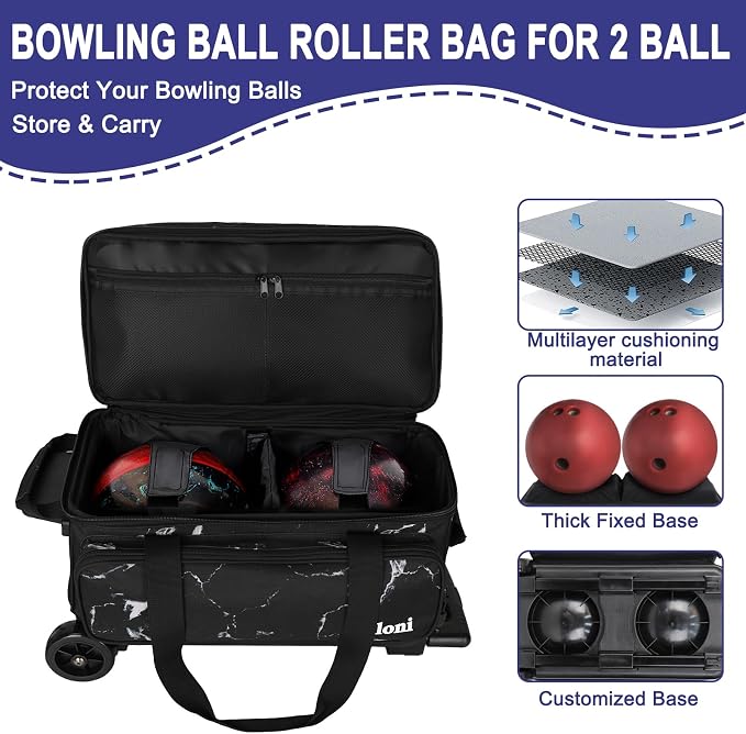 Goloni Double Roller 2 Ball Bowling Bag with Separate Shoe Compartment,2 Ball Bowling Bag with Wheels,Retractable Handle Extends to 40"