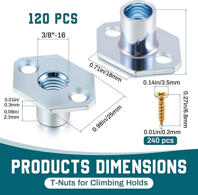 120 Pack 3/8"-16 Screw-in T-Nuts for Climbing Holds with 240 Screws, Industrial 2-Hole Tee Nuts for Climbing Wall, Removable & Reusable Zinc-Plated Steel T Nuts for 3/4" Plywood or Thicker