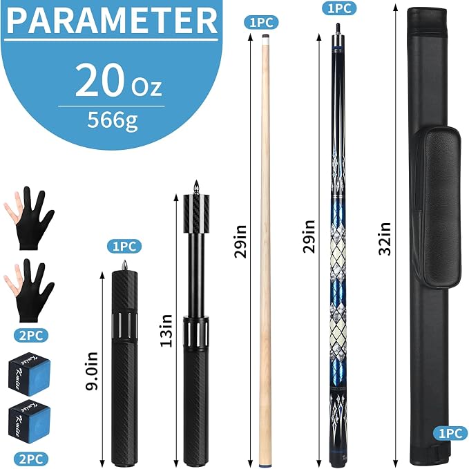 Kmise Professional Pool Cue Stick, 18 19 20oz Canadian Maple Cue Sticks, Low Deflection Shaft with Telescopic Carbon Fiber Extension Cue-Grid