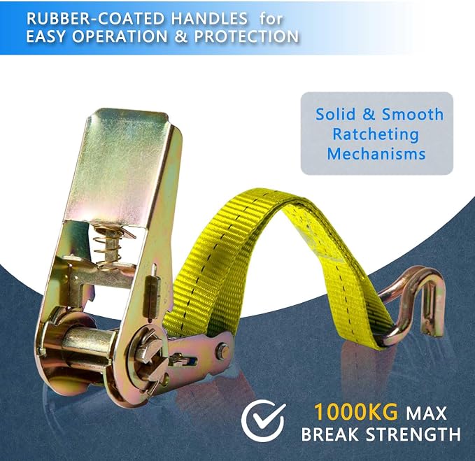 Ratchet Straps (4-Pack), 1 Inch x 16.4 Feet (2200lb Break Strength) with Sturdy Metal Hooks, 1x Work Gloves, Heavy Duty Tie Down Straps for Truck, Cargo Trailer, Motorcycle, Luggage, Moving (Yellow)