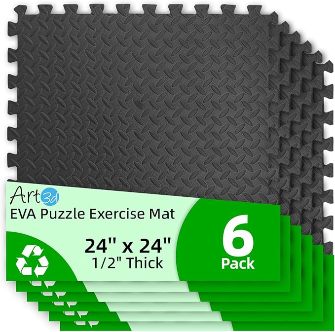 Art3d 6 Pack 24" x 24" EVA Interlocking Exercise Mats, 1/2" Thick Foam Puzzle Flooring for Workout, Gym Equipments, Training Areas, 24 Sq.FT, Black