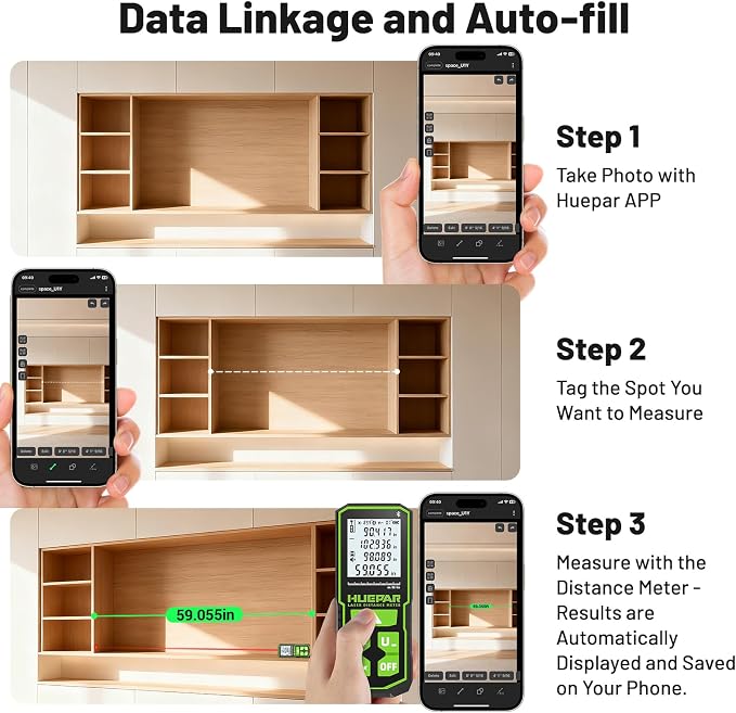 Huepar 330Ft Green Laser Measuring Tool with APP Control, 5 Years Warranty, Rechargeable Bluetooth Distance Meter, ±1/16" High Accuracy, Angle Sensor, Multiple Modes, IP54, for Home & Construction
