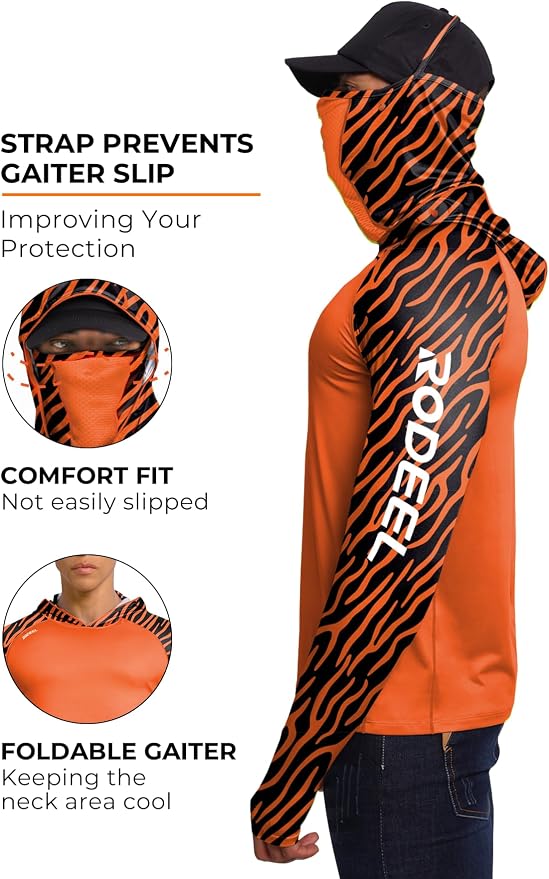 Rodeel Men's UPF 50+ Performance Fishing Hoodie, Long Sleeve Sun Protection Athletic Quick-Dry Breathable T-Shirt