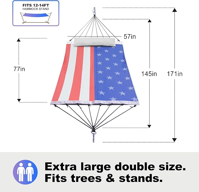 GAFETE 14ft 2 Person Hammock for Outside, Quick Dry Textilene, Portable Hammocks Without Stand with Folding Steel Spreader Bar, Carrying Bag, Tree Straps, Pillow & Sidebag, 550 lbs Capacity (Flag)
