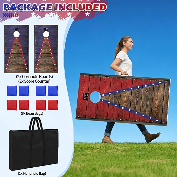 Electronic Cornhole Board Set 4x2ft 3x2ft 2x1ft, Automatic Scoring Corn Hole Games for Adults & Kids, Wooden Portable Cornhole Set with 8 Bean Bags & Carrying Bag for Outdoor, Tailgate, Party