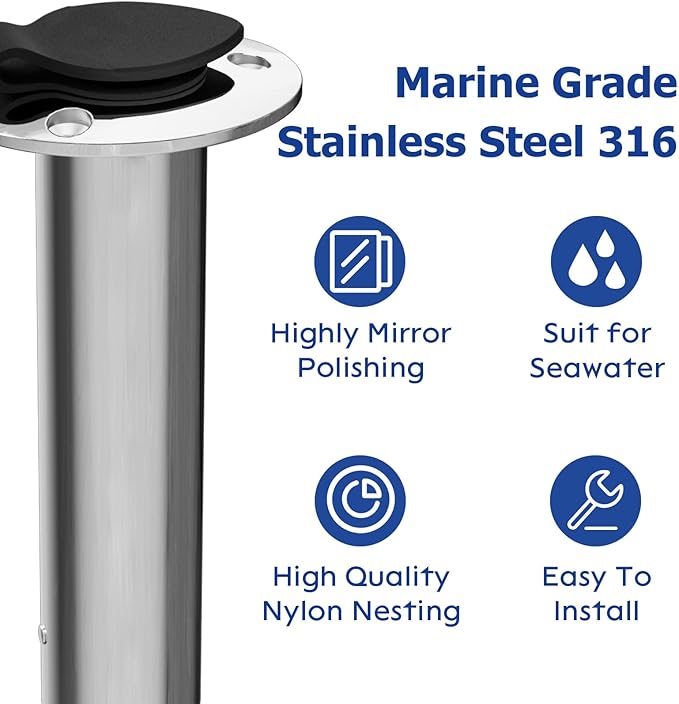 Fishing Rod Holder 2 Pack, 316 Stainless Steel 15/30/90 Degree Rod Holders for Fishing Boat, Flush Mount with Cap, Heavy Duty