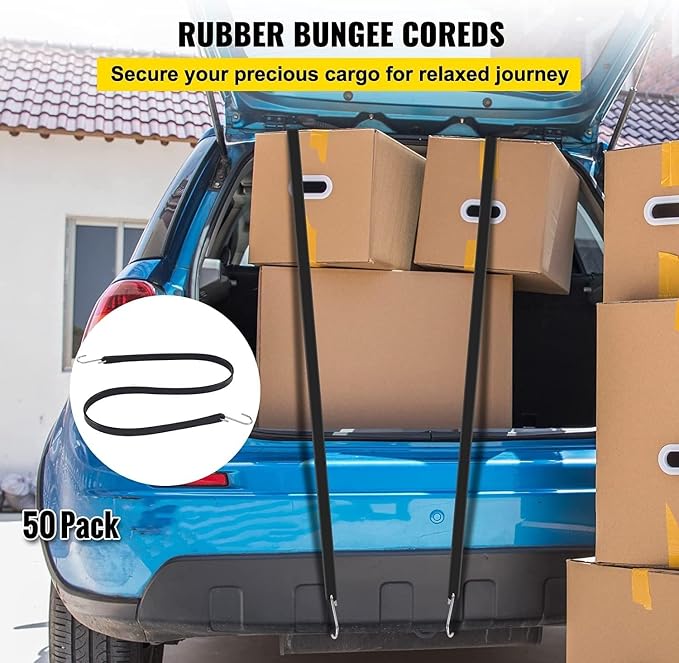 VEVOR Rubber Bungee Cords, 50 Pack 21" Long, Weatherproof Natural Rubber Tie Down Straps with Crimped S Hooks, Heavy Duty Outdoor Tarp Straps for Securing Flatbed Trailers, Canvases, Cargo, and More
