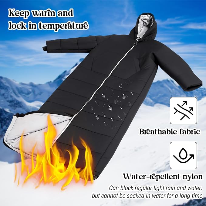 Macarrie Cold Weather Wearable Sleeping Bag for Adults with Sleeves and Hood 74 Inch Long 0 Degree Winter Weather Insulated Extreme Cold Sleeping Bag Coat for Camping Hiking Stadium