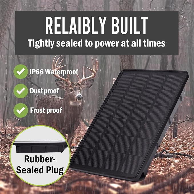 5V/12V Trail Camera Solar Panel - 4W Solar Panel Battery w/ 8000mAh Li-ion Battery, IP66 Waterproof Rated, Solar Battery Charger Kit for Game & Security Cameras (Included Mount & Strap*1)
