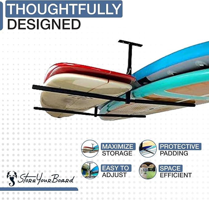 StoreYourBoard Standup Paddle Board and Surfboard Garage Storage Rack - Adjustable Ceiling Mount Hanger for SUP Storage, Heavy Duty Overhead Paddleboard Organizer for Garage, Space Saving Rack