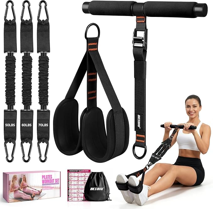 Besbiu Adjustable Length Pedal Resistance Band with Handle for Working Out, Replaceable 180Lbs Exercise Bands with Foot Pedals, Home Gym Workout Equipment for Women Men Strength Training, Stretching