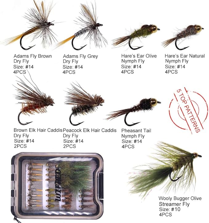 Wifreo Fly Fishing Flies Assortment with Waterproof Fly Box, 28/40/64/92/120pcs Dry/Wet/Nymph/Streamer Flies, Trout/Bass/Panfish/Salmon Fishing Flies