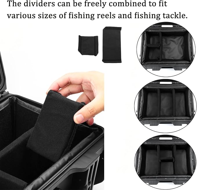 Fishing Reels Storage Case 15 Inches,Heavy Duty Waterproof Fishing Wheel Protective Hard Case, Tackle Collection Holder Box, 9pcs Adjustable Shockproof Dividers (Black with mesh bag)