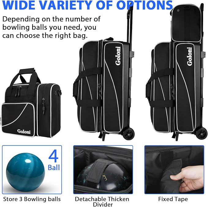 Goloni 3 Ball Bowling Bag with Wheels, Rolling Bowling Roller Bag with Retractable Handle for Balls & Bowling Accessories