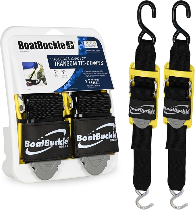 BoatBuckle's Pro Series Kwik-Lok Boat Tie Down Straps to Trailer with Boat Pads, 2-Pack Easy to Use Adjustable Transom Tie Down Straps, 2-Inch x 6-Feet, 1,200 Lbs Break Strength