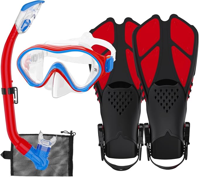 Snorkeling Gear for Kids with Foldable Silicone Full Dry Snorkel, Kids Snorkel Set Anti Leak Youth Junior Snorkeling Package Diving Mask Soft Tube with Mesh Bag Scuba Swimming Goggles