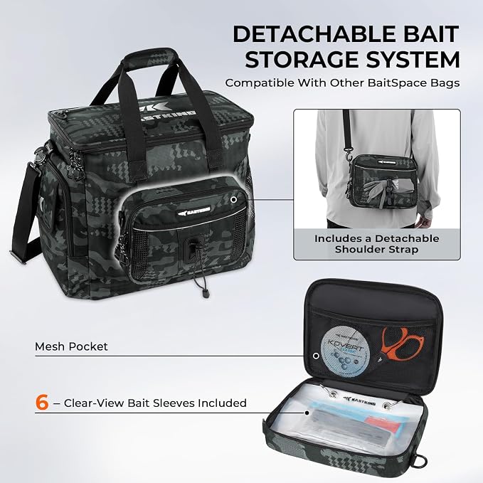 KastKing BaitSpace Fishing Tackle Bag With 4 Tackle Boxes & Removable Bait Binder, Water-Resistant Tackle Storage, Durable Fishing Gear, Adjustable Shoulder Strap