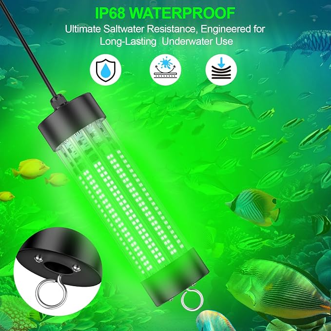 100W LED Underwater Fishing Light Compatible with for DeWalt 20V Battery (Not Included), 10000 Lumens, IP68 Waterproof Green Submersible Light with 8M Cable for Night/Boat/Ice Fishing