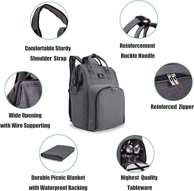 ALLCAMP Picnic Backpack for 2 Person - Insulated Cooler Bag with W/Fleece Blanket, Plates and Cutlery Set, for Family Outings, Couple Gifts