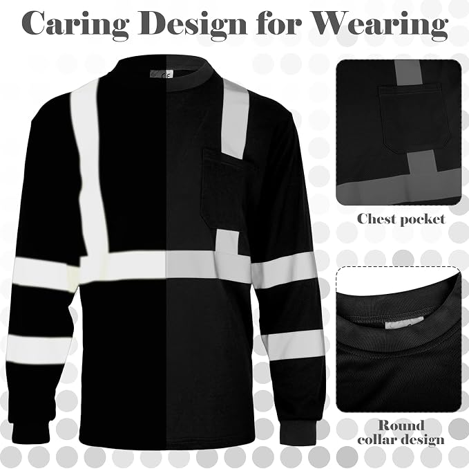 Amylove 4 Pcs Long Sleeve Safety Shirt High Visibility Reflective Construction Work Shirts for Men Women(XXXL,Black)