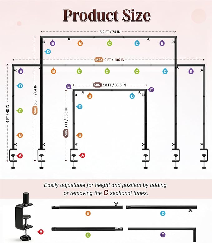 MEILIDY Over The Table Rod Stand with Clamps, Adjustable 33.5"-106" Length 36.6"-48" Height, Table Balloon Arch Backdrop Stand for Party Wedding Birthday Anniversary, Black