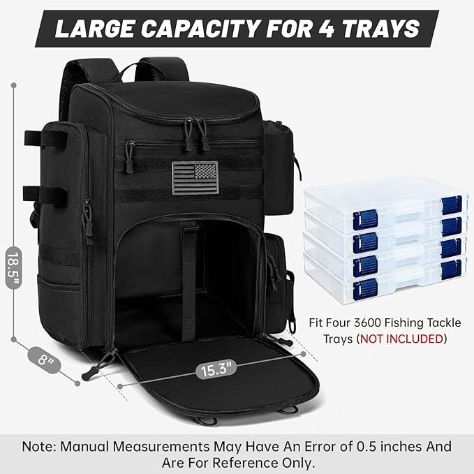 40L Fishing Backpack Water Resistant Fishing Tackle Bag with 2 Rod Holders, Tackle Storage Bag for Anglers(Black,Bag Only)