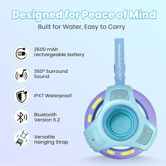 Mambobaby Floating Bluetooth Speaker with Collapsible Cup Holder, IPX7 Waterproof Shower Speaker with 360° Sound & LED Lights, Pool, with Versatile Hanging Strap, Great Gift for All Ages(Blue Purple)